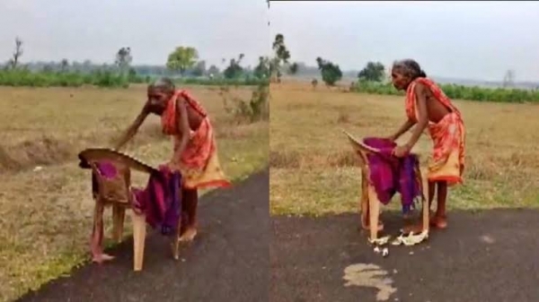 पेंशन के पैसा लेने के लिए 70 साल की महिला टूटी कुर्सी के सहारे नंगे पैर मीलों चलती
